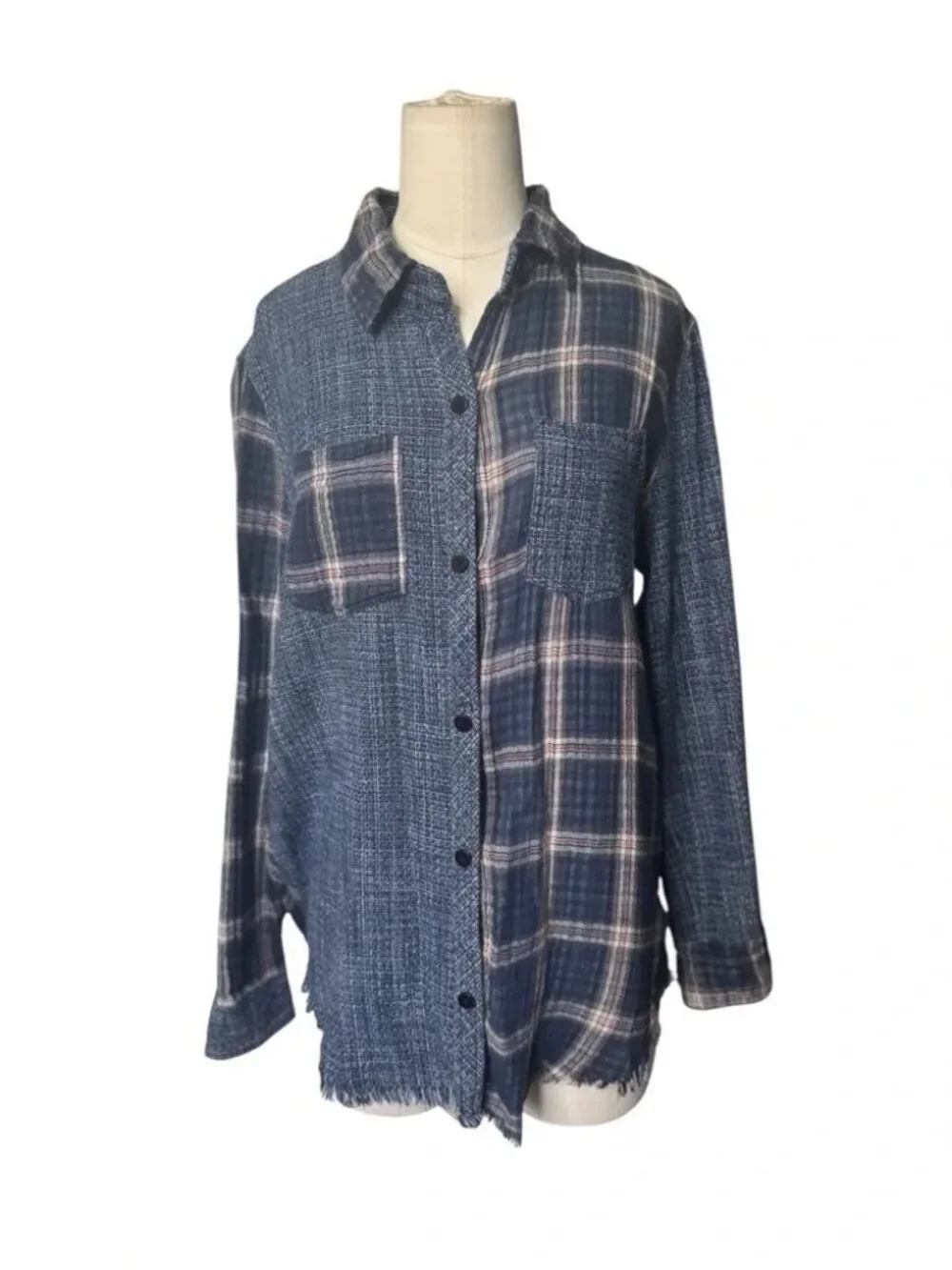 ANTHROPOLOGIE Artisan De Luxe Women L Button Shirt Flannel Plaid Mix Split Multi - Picture 2 of 6